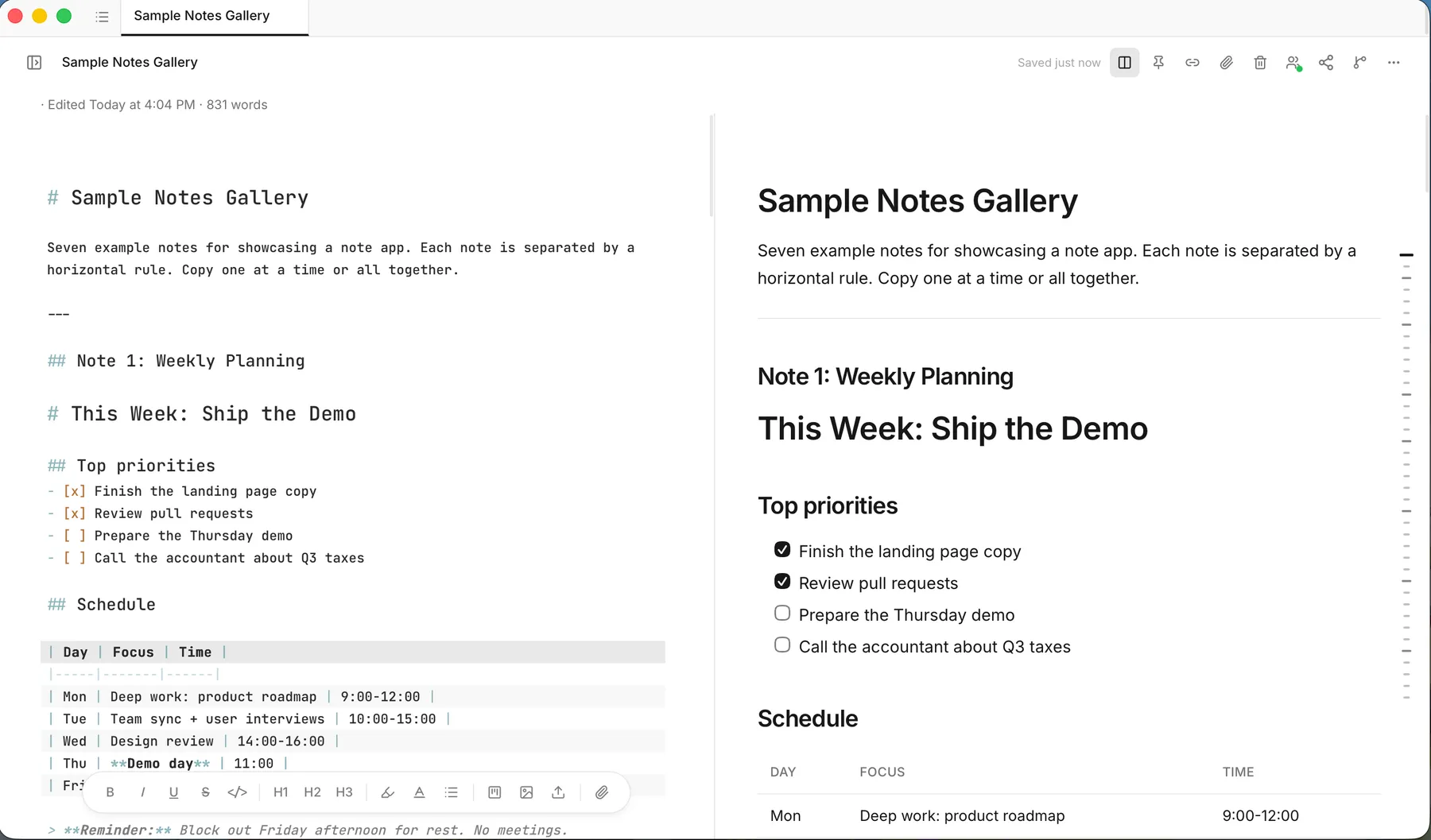 Inkwell showing a markdown note with a live preview