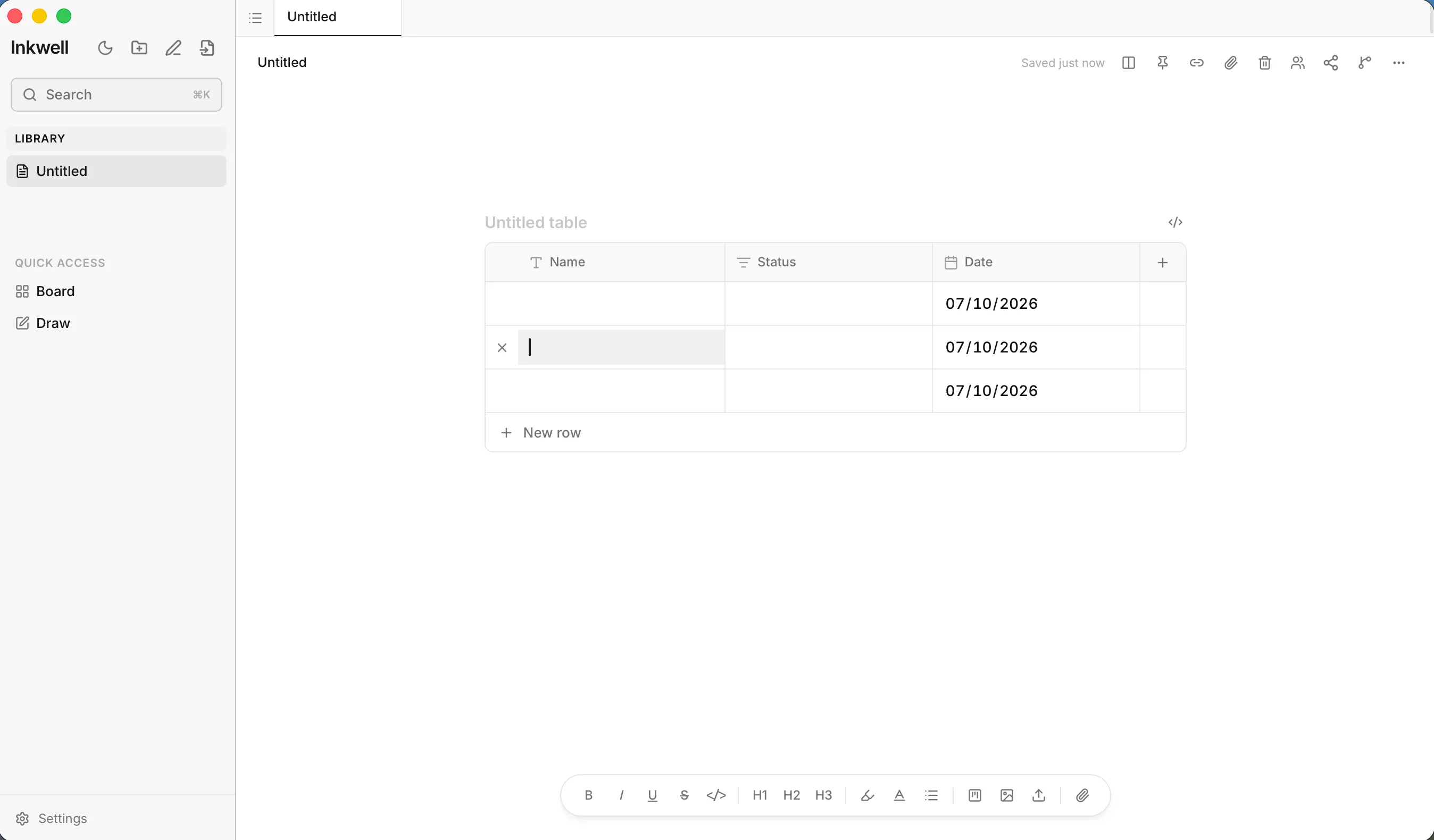 A customisable table with Name, Status and Date columns and a New row button