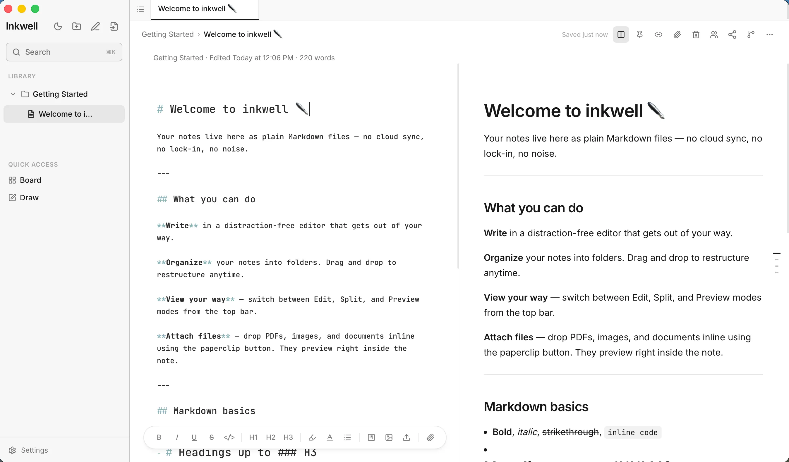 A note in Markdown mode, with the markdown source on the left and the rendered preview on the right