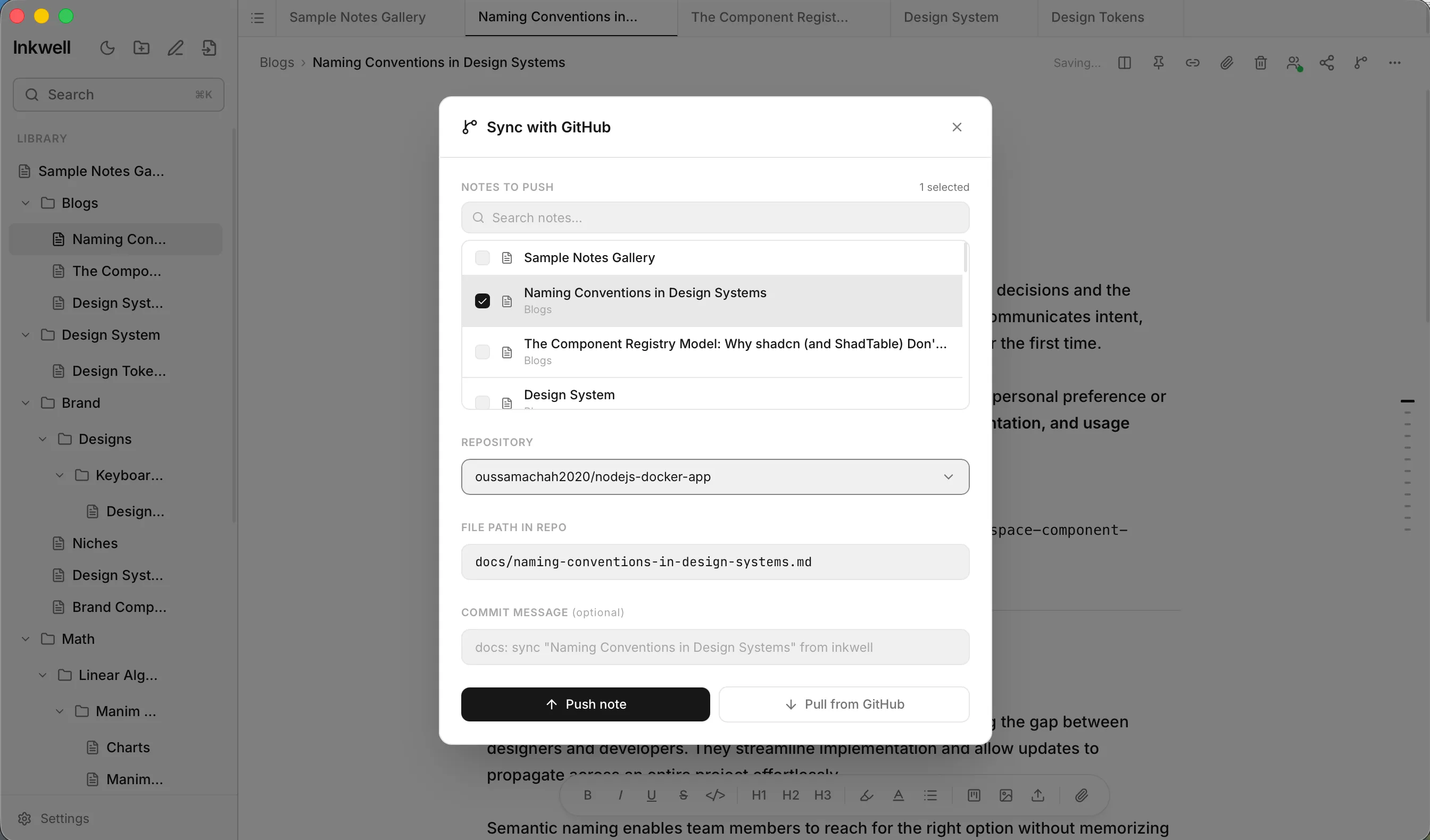The Sync with GitHub window: notes to push, repository, file path and commit message, with Push note and Pull from GitHub buttons