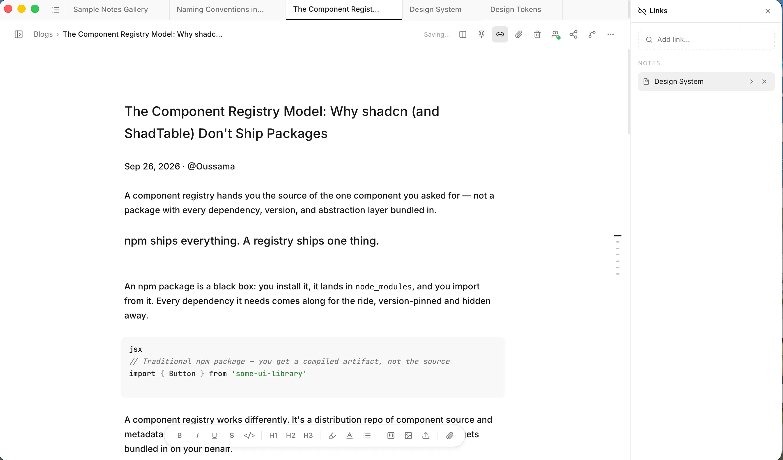 The Links panel open beside a note, listing one linked note