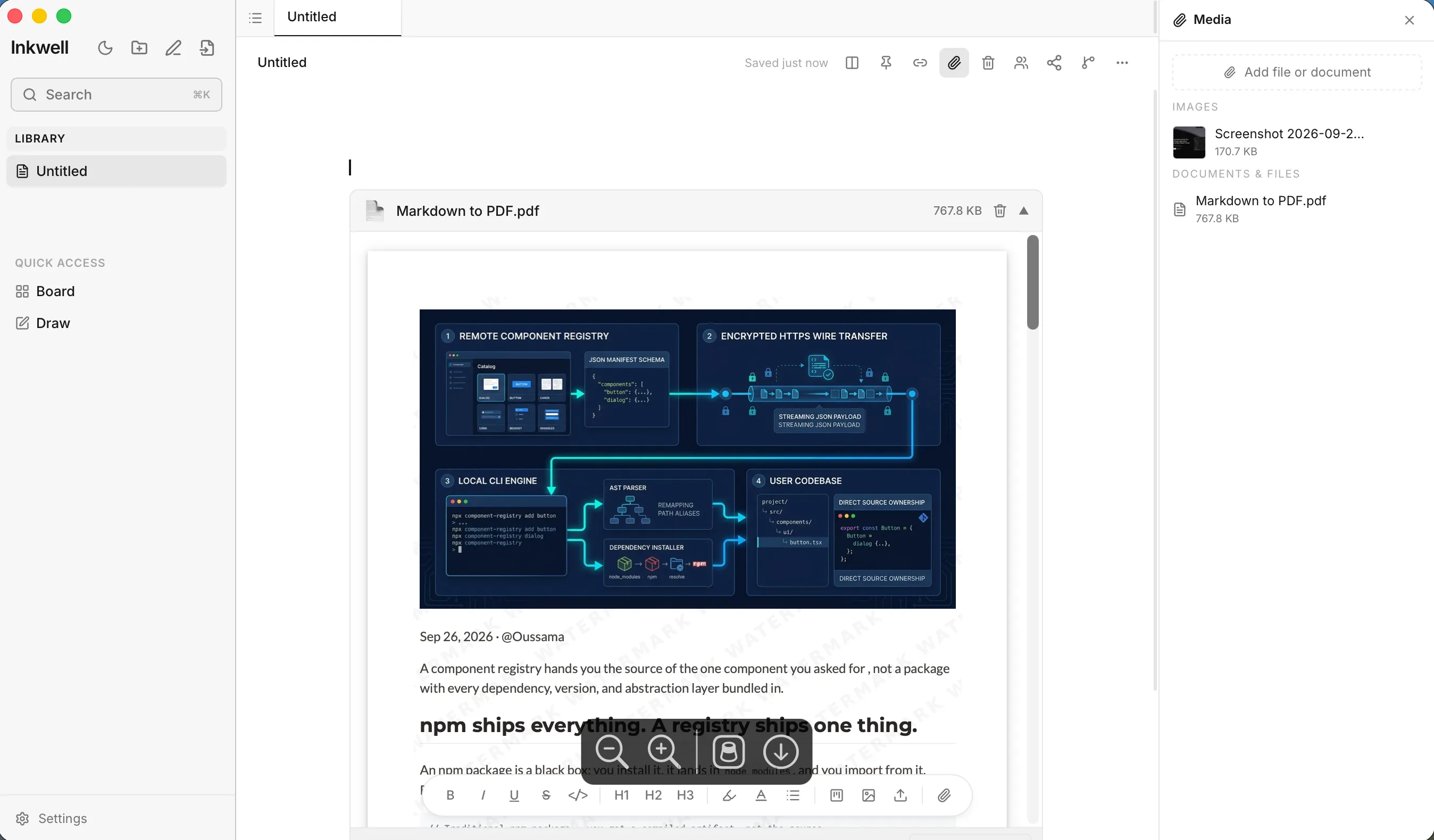 The Media panel beside a note with an embedded PDF, listing one image and one document