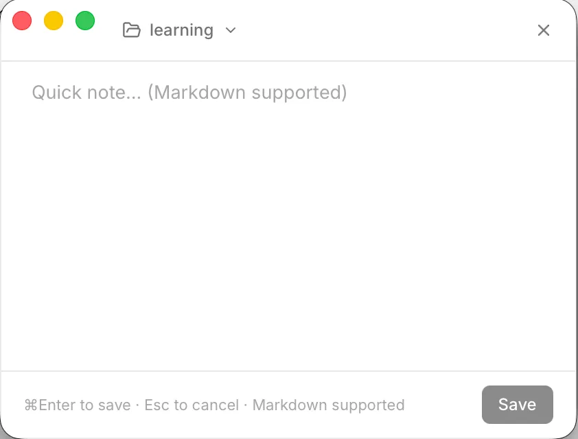 The Quick Note window with the vault name at the top left and a Save button