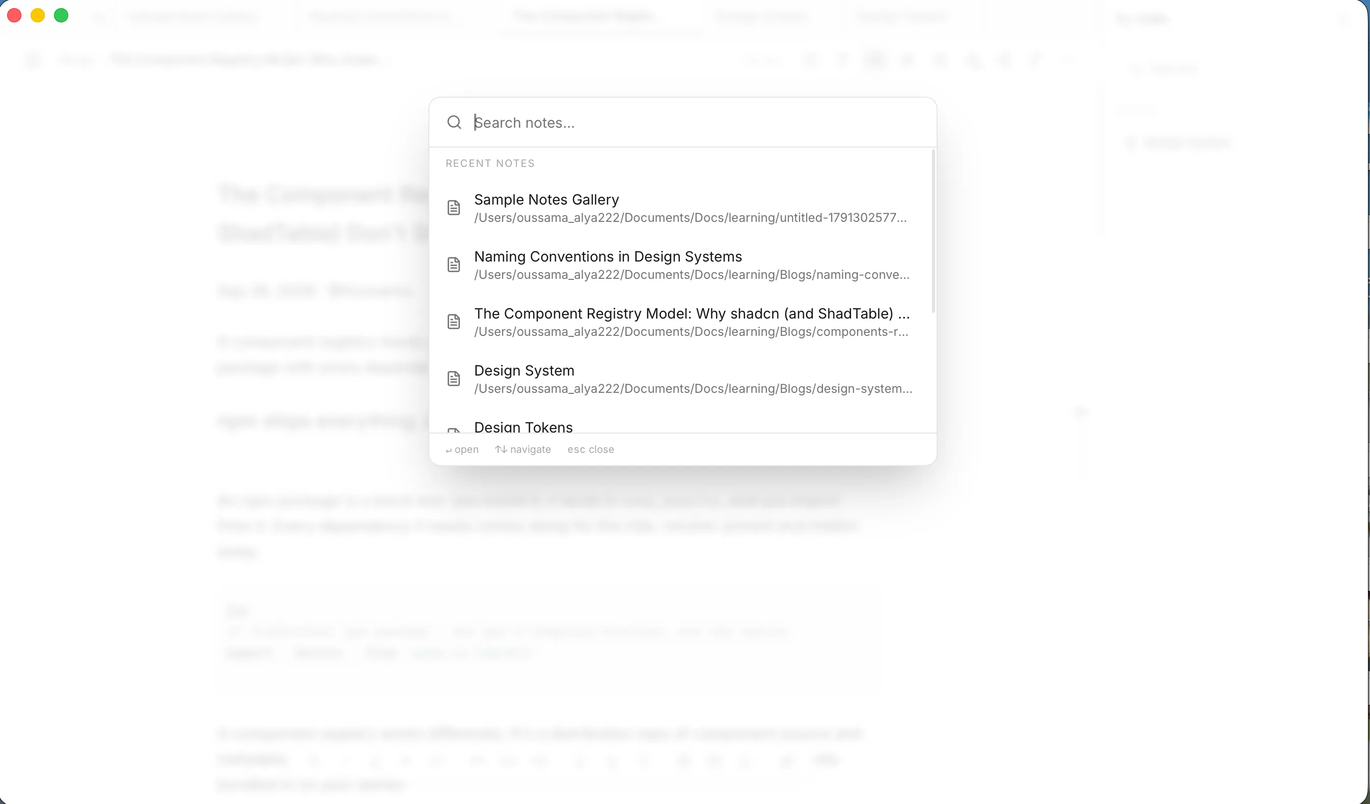 The search window with a Search notes… box and a list of recent notes