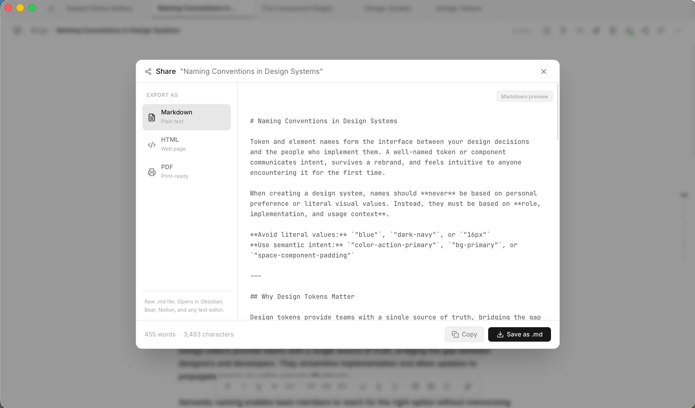 The Share window with Markdown, HTML and PDF formats on the left and a Markdown preview