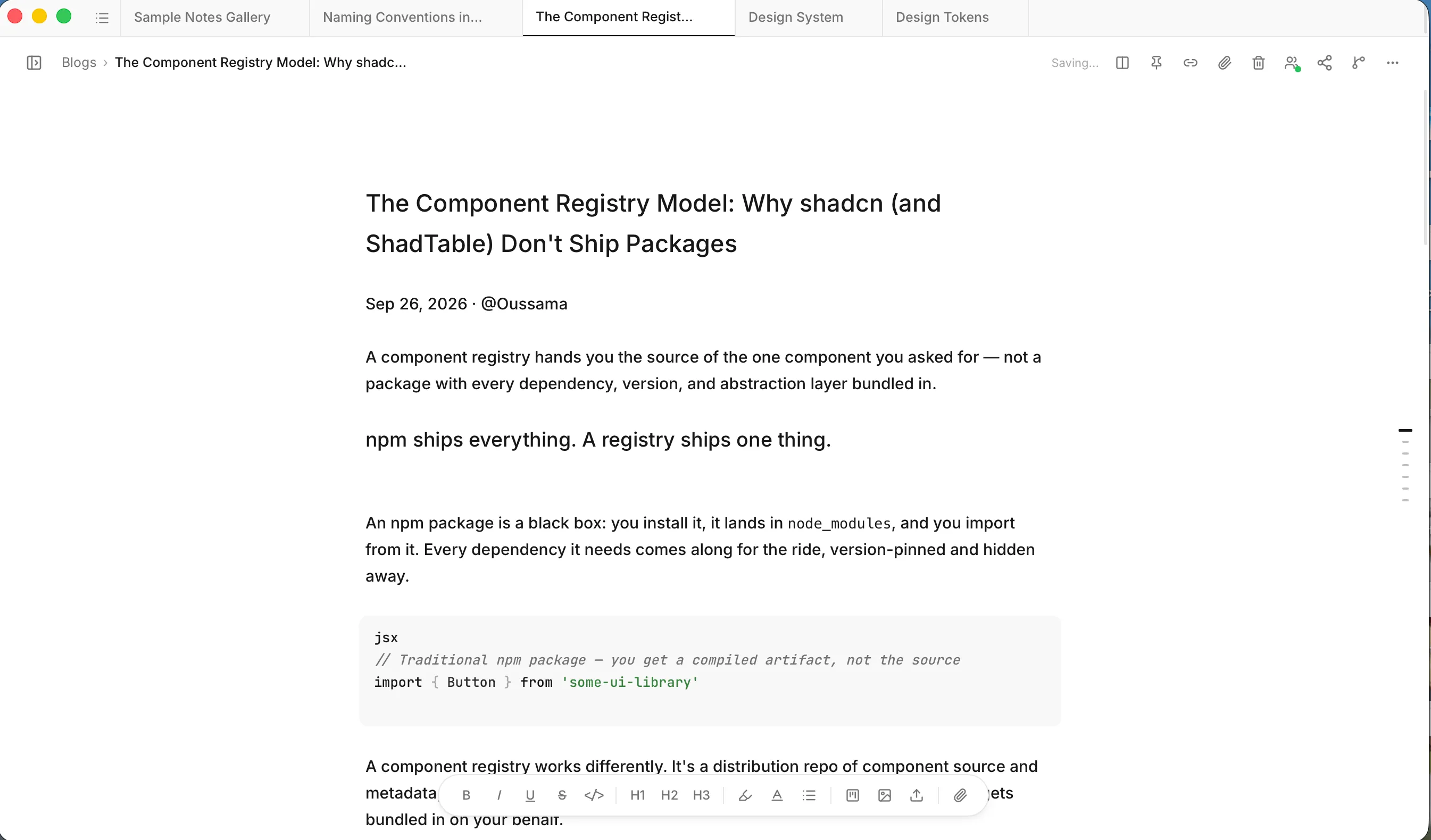 The editor in tab mode, with five open notes as tabs along the top