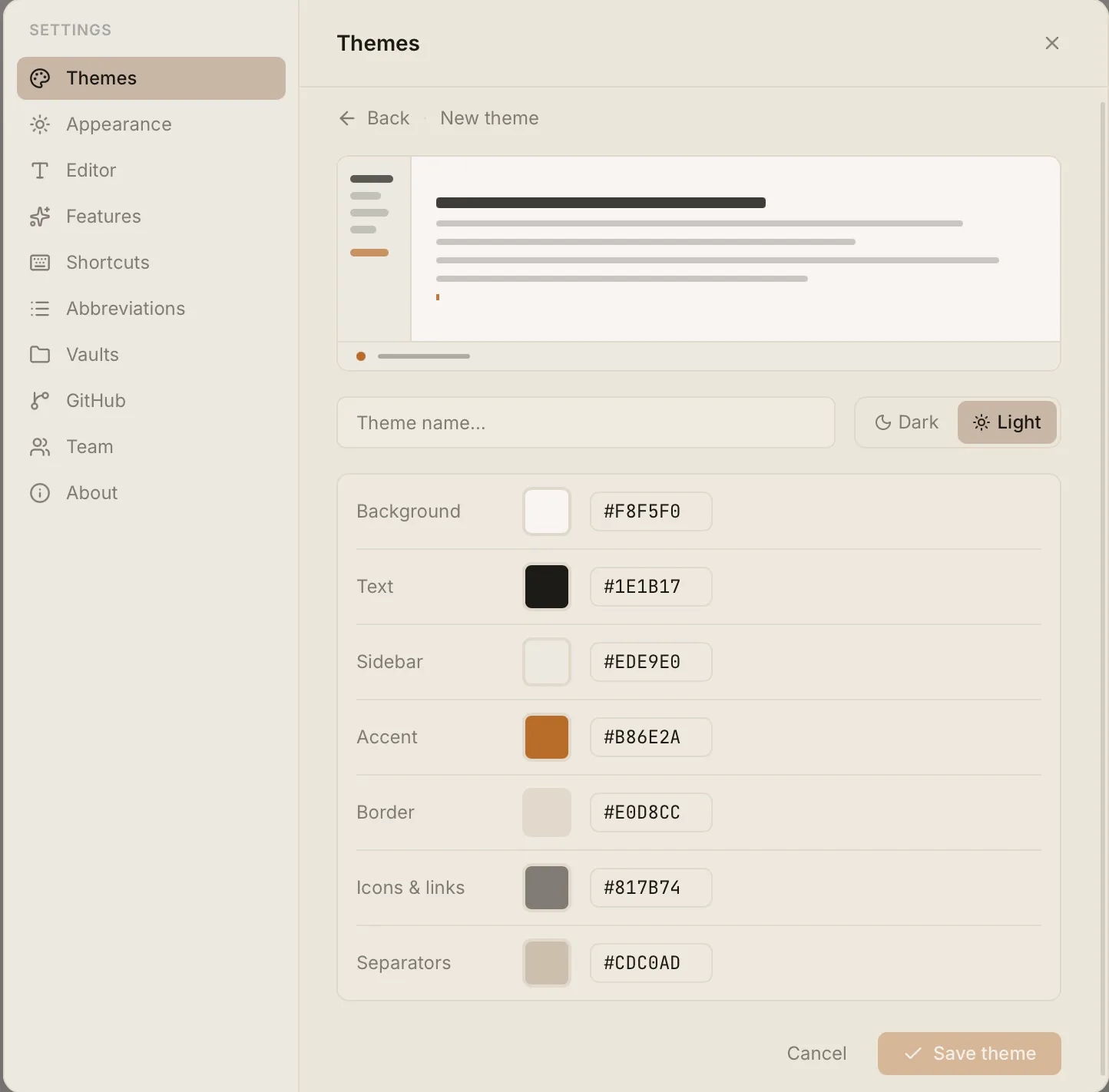 The custom theme editor with a live mini preview and seven colour rows