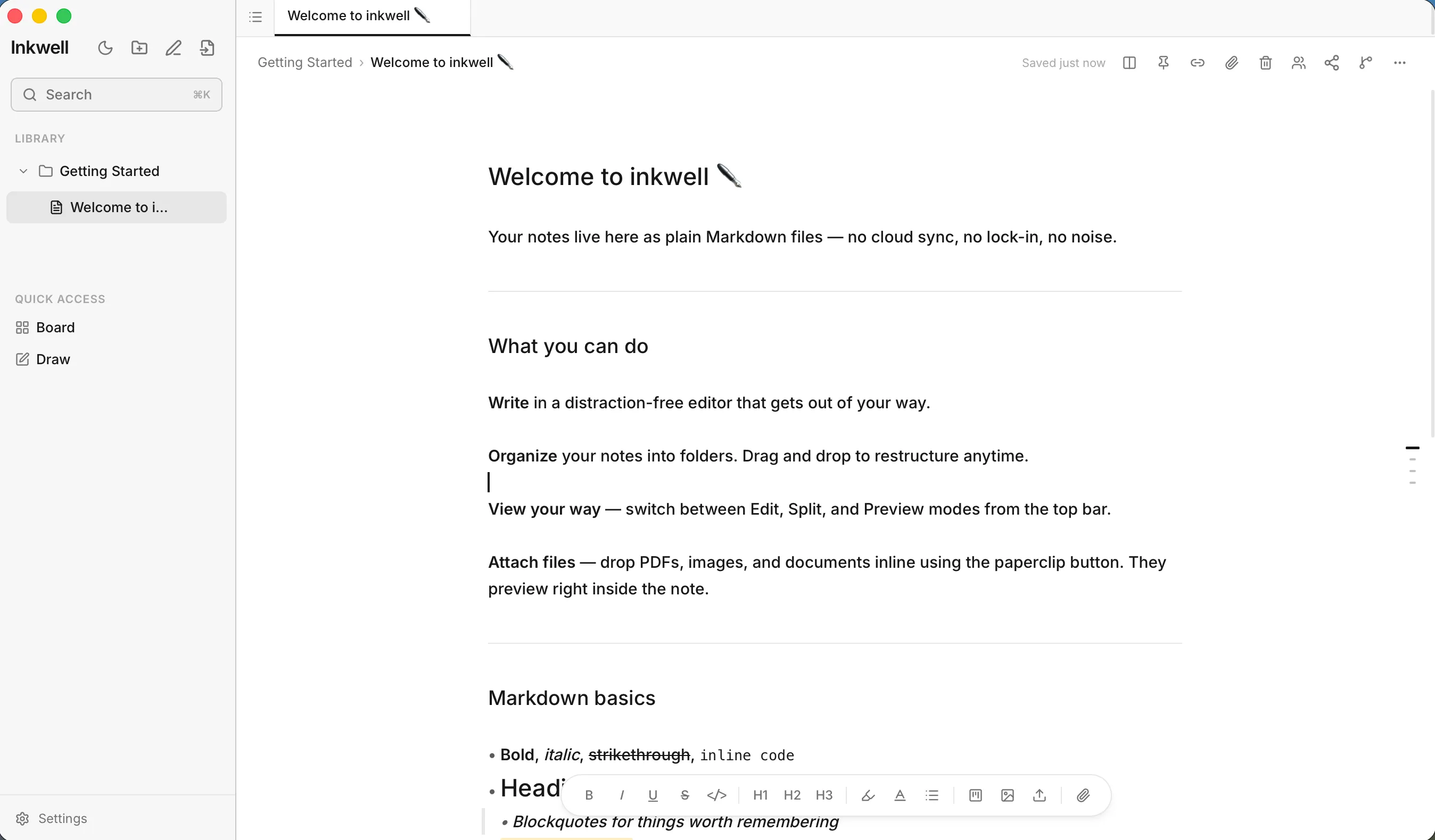 The inkwell window after creating a vault: the sidebar with the Getting Started folder, and the Welcome to inkwell note open in the editor